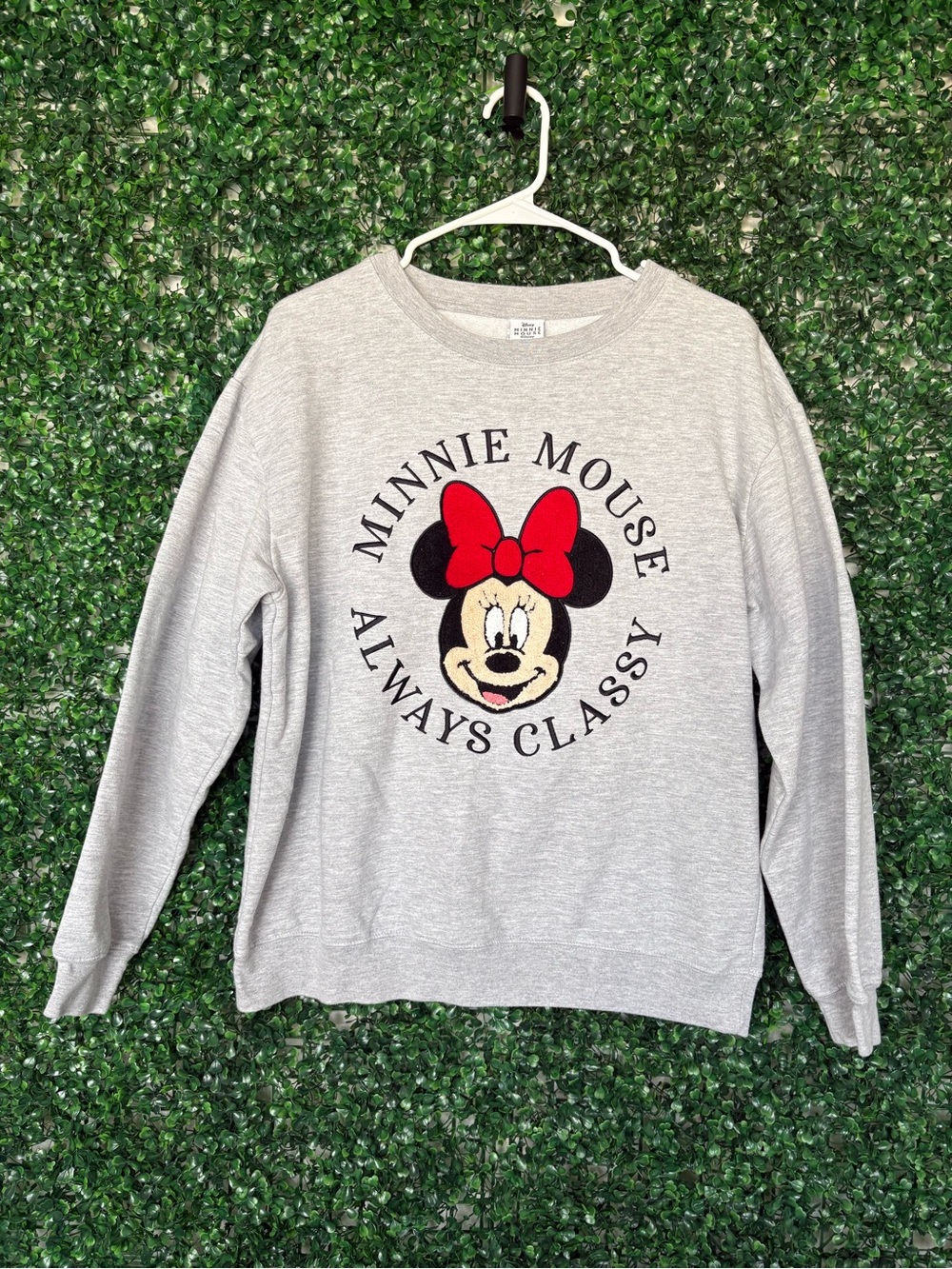 Disney Gray Minnie Mouse Crewneck Sweatshirt with embroidered Minnie